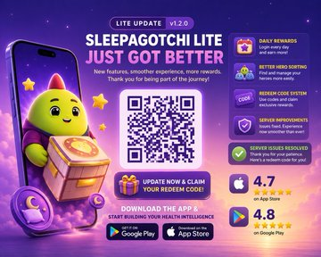 A promotional advertisement for Sleepagotchi Lite v1.2.0 app update, featuring a green cat mascot with a treasure chest, QR code, and download links for Google Play and App Store with 4.7 and 4.8 ratings.