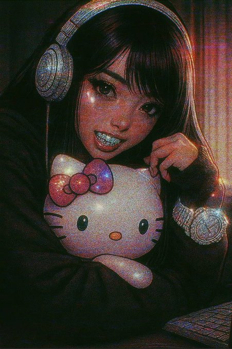 An artistic image showing a young woman wearing headphones and braces, smiling while hugging a sparkly Hello Kitty plushie, with a diamond-encrusted watch visible on her wrist.