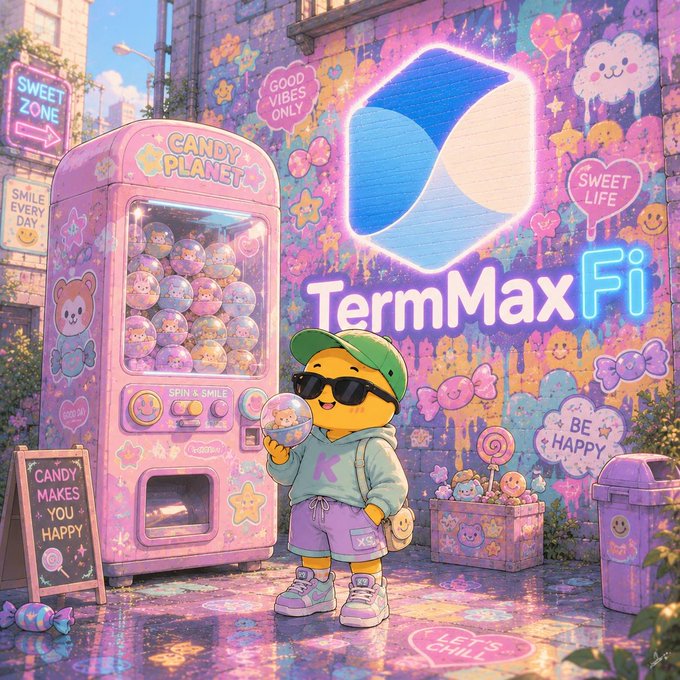 A vibrant, pastel-colored illustration for 'TermMaxFi' featuring a cute mascot with sunglasses standing next to a 'CANDY PLANET' gumball machine, with 'GOOD VIBES ONLY', 'SWEET LIFE', and 'BE HAPPY' text on the surrounding wall.