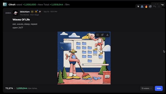 A Discord forum post in the 'skkltchism' channel titled 'Waves Of Life' with the description 'eat, waves, sleep, repeat. open 24/7', accompanied by an illustration of cartoon characters cleaning around a computer calendar interface.
