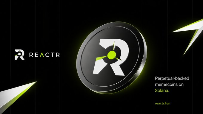 A promotional graphic for REACTR featuring a black and green coin/token logo with the text "Perpetual-backed memecoins on Solana" and the website "reactr.fun".