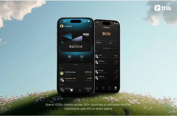 The image shows two cell phones placed side by side with a green background that displays an advertisement for Tria. The text on the phone screens promotes the idea of self-custody, where users can store their tokens and receive them back when needed. This concept is related to the post's message about using the Tria app as a means to access Bitcoin Cash, which allows users to store their Bitcoins in a virtual wallet and then use it for transactions or purchases. The advertisement emphasizes the convenience of self-custody and the potential benefits of using the Tria app for managing digital assets.