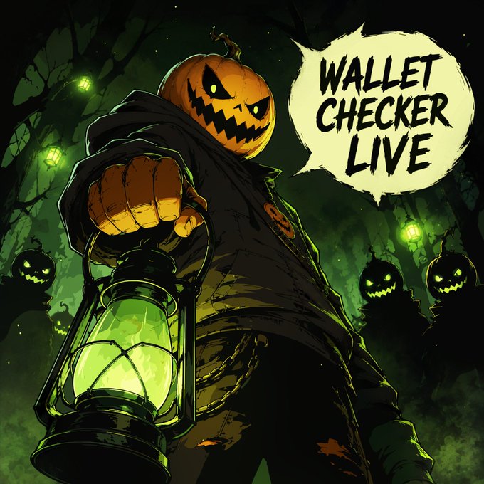 The image features a menacing pumpkin-headed figure in a dark cloak holding a glowing green lantern, with shadowy jack-o'-lanterns lurking in the background. A speech bubble announces "WALLET CHECKER LIVE," tying into the Halloween-themed promotion for a Trick or Treat event.