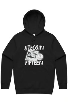 A black hoodie features a graphic of money with the text 'LITECOIN' and 'FIFTEEN'.