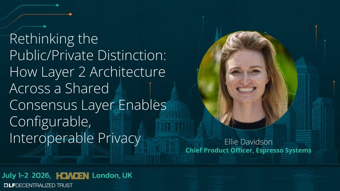 A conference talk promo graphic for Hoarded London 2026 featuring Ellie Davidson, Chief Product Officer at Espresso Systems, presenting "Rethinking the Public/Private Distinction: How Layer 2 Architecture Across a Shared Consensus Layer Enables Configurable, Interoperable Privacy" at the D/LP Decentralized Trust event on July 1-2, 2026. The image aligns with the accompanying post about her talk at the Privacy Workshop on July 2.