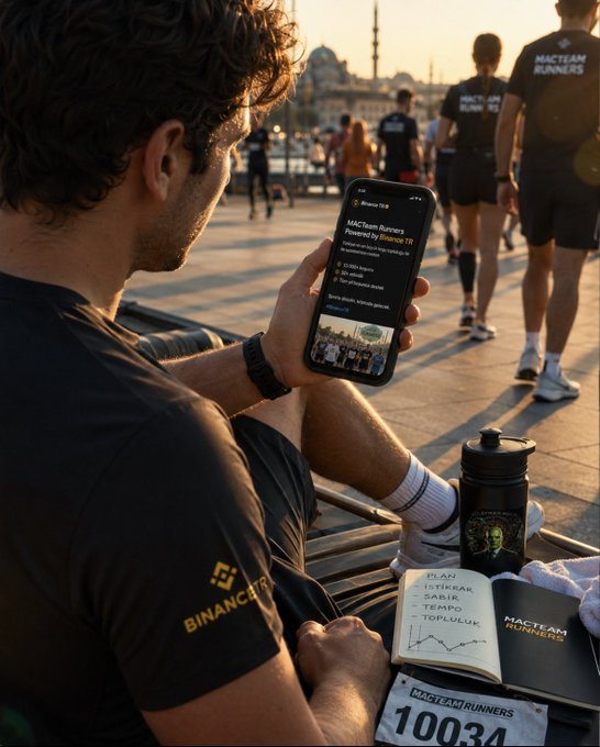 A runner checks their phone displaying "MACTeam Runners Powered by Binance TR," reinforcing the post's announcement of their partnership. The phone's display and the "Binance TR" logo on the runner's shirt highlight the crypto-powered sponsorship.