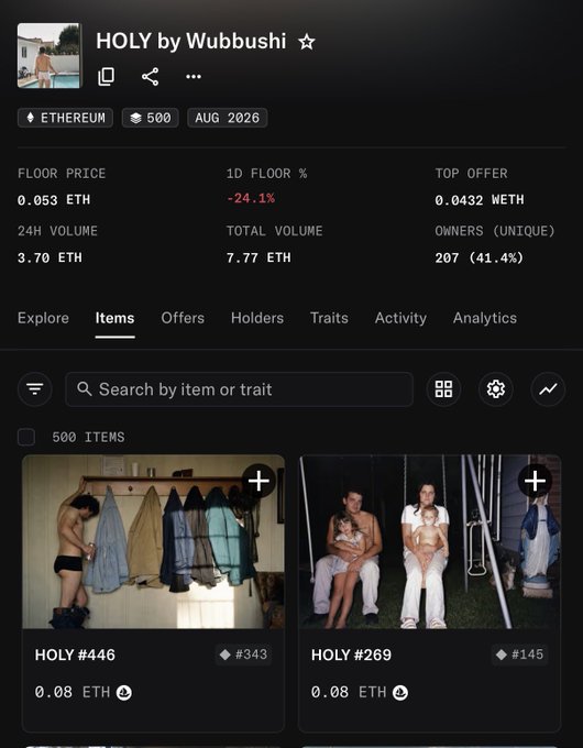 A screenshot of an NFT collection page titled 'HOLY by Wubbushi' on Ethereum, showing 500 items with a floor price of 0.053 ETH and a 24H volume of 3.70 ETH, displaying items like HOLY #446 and HOLY #269.