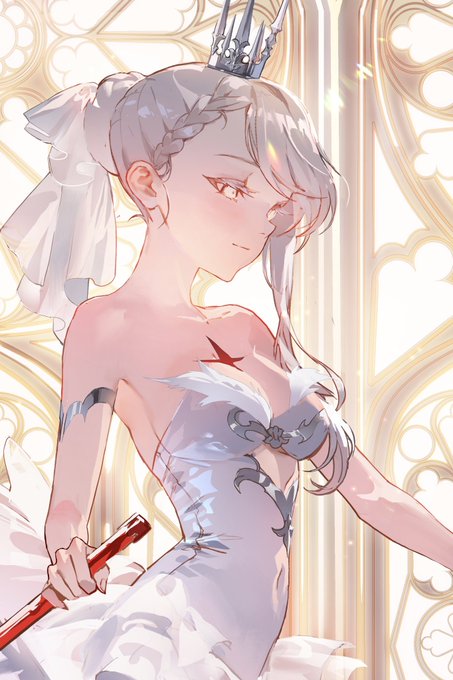 An anime-style illustration of a silver-haired woman wearing a crown and an elegant white dress with floral motifs, holding a red staff in front of an ornate golden arched window.