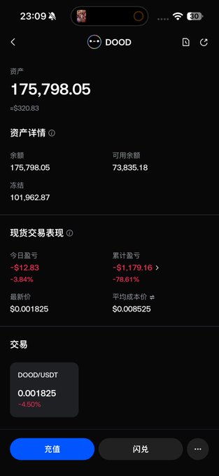 A mobile screenshot of a cryptocurrency trading app displaying a DOOD asset balance of 175,798.05 USDT, with details on frozen funds and a DOOD/USDT trade showing a 4.50% loss.