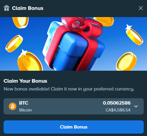 The image shows a "Claim Bonus" popup from Stake featuring a blue gift box with a red ribbon and gold coins, offering a new bonus of 0.05062586 BTC (CA$4,586.54) in Bitcoin as the preferred currency. A "Claim Bonus" button appears at the bottom, aligning with the post's announcement that Stake has released a monthly bonus with a referral link.