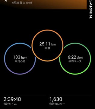 The image shows a cell phone screen displaying a fitness app with information about steps taken, miles run, and other personal health data. The screen also provides some text written in Japanese that reads "Step n°1: 29.48 steps, 1.67 km/h". This indicates the user has completed step one on their fitness tracking journey or is about to start their run.