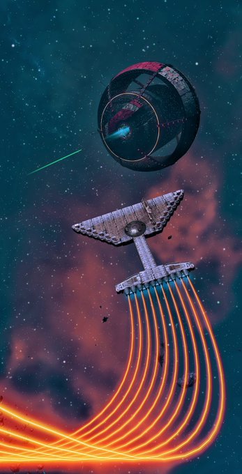 Two futuristic spacecraft navigate a star-filled cosmic expanse—one a spherical vessel and the other a sleek, winged craft trailing glowing orange energy ribbons—capturing the grand adventure implied by the phrase "Cosmos for Cosmos!"