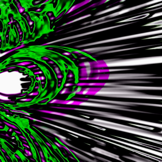 An abstract digital artwork featuring a vibrant green and purple organic, worm-like structure emerging from a bright white opening on the left, set against a background of diagonal black and white streaks.