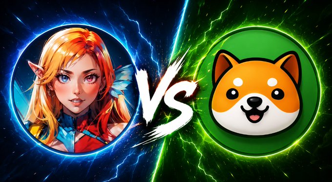 A dramatic 'VS' graphic pitting an anime-style elven girl against a Shiba Inu dog coin logo, set against a background of blue and green lightning.