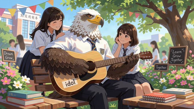 An anime-style illustration of a bald eagle wearing a school uniform and tie playing an acoustic guitar labeled "idol" on a bench, surrounded by two female students in a school garden with "Dream Grow" and "Learn Grow Together" signs.