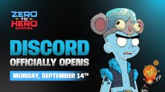 A thumbnail-style graphic featuring a cartoon mouse character wearing goggles, with text reading 'ZERO TO HERO JOURNEY', 'DISCORD OFFICIALLY OPENS', and 'MONDAY, SEPTEMBER 14th'.