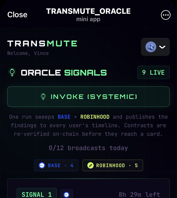 A mobile mini app interface for TRANSMUTE_ORACLE showing 'Oracle Signals' with 9 live signals, an 'Invoke (Systemic)' button, and filters for BASE and ROBINHOOD contracts.