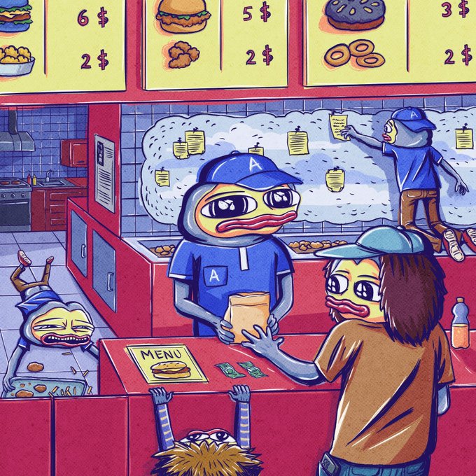 The image features a cartoon scene of people ordering food at a restaurant. There are two main characters - one person wearing a blue shirt, presumably the cashier or server, and another person wearing a brown shirt who appears to be a customer. The server is holding out money for change while the customer receives their order from the server. 

There are several other people in the scene as well, including two individuals standing near the counter, one person sitting at a table with food, and another person standing further back in the restaurant. A menu can be seen on the counter where customers place their orders. The overall atmosphere of the image suggests that it is an illustration or comic strip depicting a typical day at a restaurant.