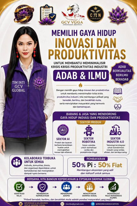 An Indonesian promotional poster featuring a woman in a purple 'TIM INTI GCV GLOBAL' vest, advertising 'MEMILIH GAYA HIDUP INOVASI DAN PRODUKTIVITAS' with logos for GCV VGGA and CJTN.