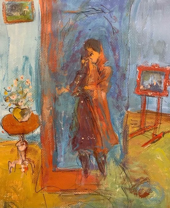 An expressionist painting of a figure in an orange dress standing near a mirror or doorway in a room with blue walls, flowers, and an easel.