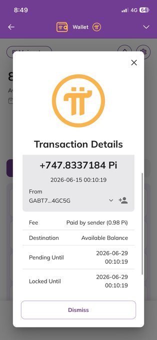 A mobile screenshot shows a Pi Network wallet "Transaction Details" popup displaying a pending transfer of "+747.8337184 Pi" received on 2026-06-15, pending and locked until 2026-06-29, from sender GABT7...4GC5G. This visually supports the post by confirming the 740+ $PI migration the user mentioned seeing in their wallet, relevant to their decision of whether to hold for $1 or sell.
