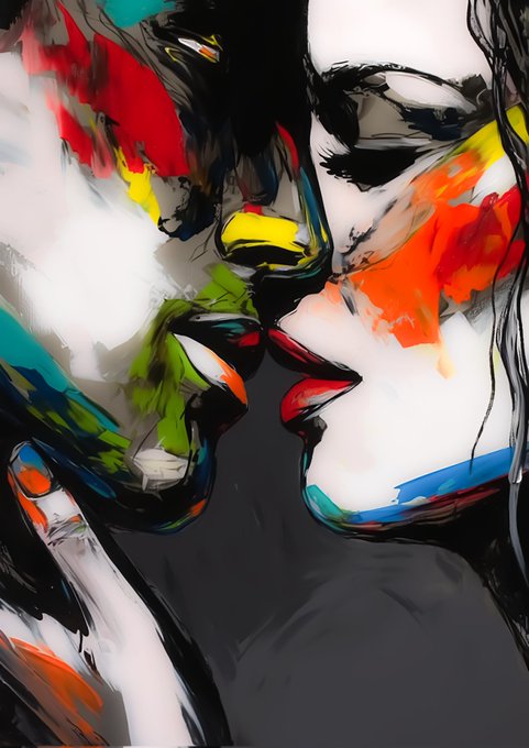 Two stylized, abstract portraits of a woman with bold splashes of red, yellow, green, and blue paint face each other in profile, their lips nearly touching. The vibrant, expressionist artwork perfectly captures the "one second before the kiss" moment, visually evoking the intimate anticipation described in the accompanying caption.