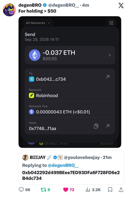 The image shows a screenshot of a crypto transaction from user "degenBRO_" displaying a send of 0.037 ETH ($99.95) to wallet address "0xb042...c734" via the Robinhood network on Sept 28, 2026, with the caption "For holding > $50." Below, user "BEEJAY" (@youlovebeejay) replies by pasting the same wallet address, suggesting they want to receive the promised $100 payout for holding $50 worth of the $GARRI token promoted in the accompanying post.
