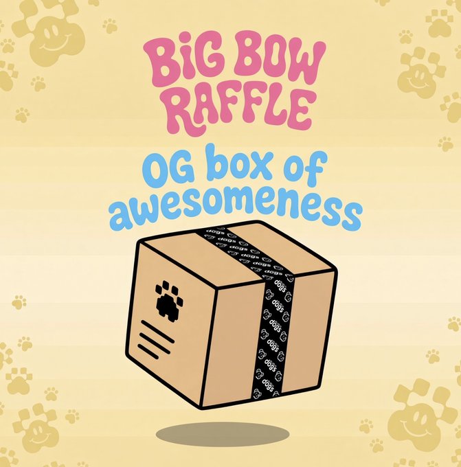 A promotional graphic for a 'Big Bow Raffle' featuring an 'OG box of awesomeness' cardboard box with paw print logos and 'Dogs' branded tape, set against a yellow background with paw prints.