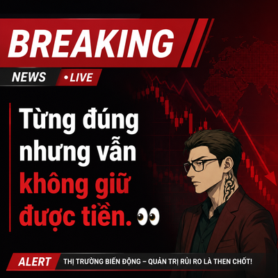A 'BREAKING NEWS' graphic featuring a character with glasses and neck tattoos, with Vietnamese text 'Từng đúng nhưng vẫn không giữ được tiền' and an alert: 'THỊ TRƯỜNG BIẾN ĐỘNG – QUẢN TRỊ RỦI RO LÀ THEN CHỐT', set against a falling red chart background.