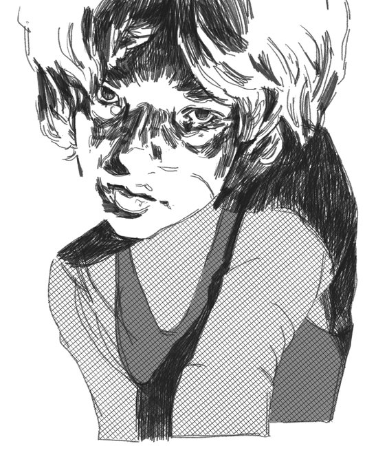 A black-and-white sketch-style digital portrait of a young figure with tousled hair and an intense gaze, rendered in crosshatched shading and expressive linework, available as a limited NFT edition on objkt for 5 XTZ.
