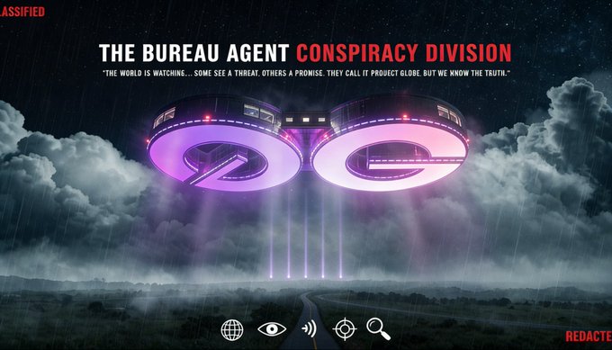 The image features a poster with two purple UFOs flying over a field, accompanied by text that reads "0G" and "The bureau agent conspiracy division". There are also several icons related to the Bureau Agent Conspiracy Division, such as a globe, a magnifying glass, and a microphone. The overall design of the poster suggests it is promoting or discussing the Bureau Agent Conspiracy Division in some way.