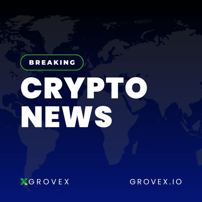 A dark blue graphic with a world map silhouette displays the text 'BREAKING CRYPTO NEWS' along with the 'XGROVEX' logo and 'GROVEX.IO' website.