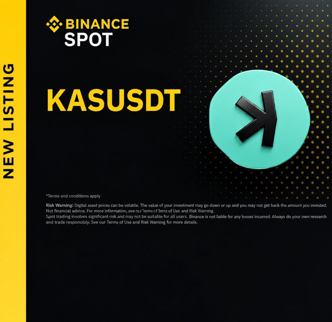 Binance announcement graphic for a new spot listing of KASUSDT, featuring the Kaspa 'K' logo in teal against a black and yellow dotted background, with risk warnings included.