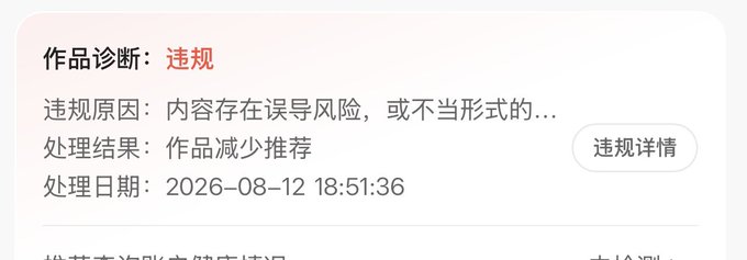 The image shows a Chinese violation notice reading "作品诊断：违规" (Work Diagnosis: Violation), with the reason stating "内容存在误导风险" (Content contains misleading risk) and the result being "作品减少推荐" (Work recommendation reduced), dated 2026-08-12 18:51:36. The caption relates to the post's complaint about the platform's seemingly arbitrary content moderation, illustrating the irony that even legitimate submissions get flagged as "violations."