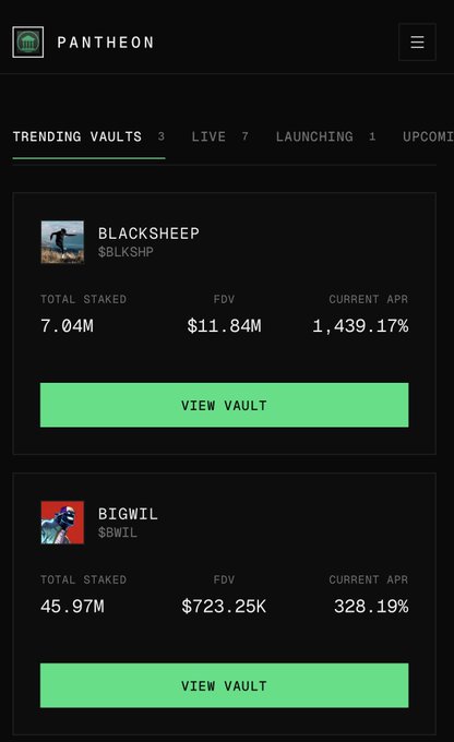 A dark-themed interface for 'PANTHEON' showing trending vaults, including 'BLACKSHEEP' ($BLKSHP) with 7.04M staked and 'BIGWIL' ($BWIL) with 45.97M staked.