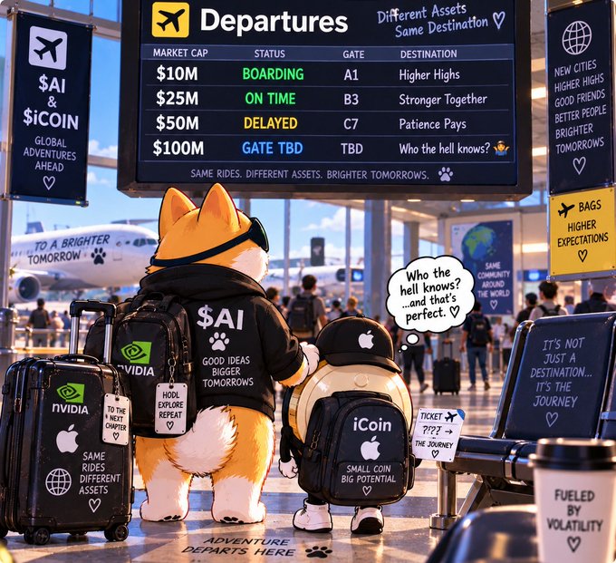 An AI-generated image of a dog and another animal character with luggage at an airport "Departures" board. The board lists destinations based on asset size: $10M "Higher Highs" (Boarding), $25M "Stronger Together" (On Time), $50M "Patience Pays" (Delayed), and $100M "Who the hell knows?" (Gate TBD).
