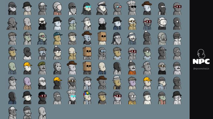 A grid of pixel-art character avatars in various outfits and colors is displayed, branded as "NPC" with the handle "@npcsonchain" on the right side.