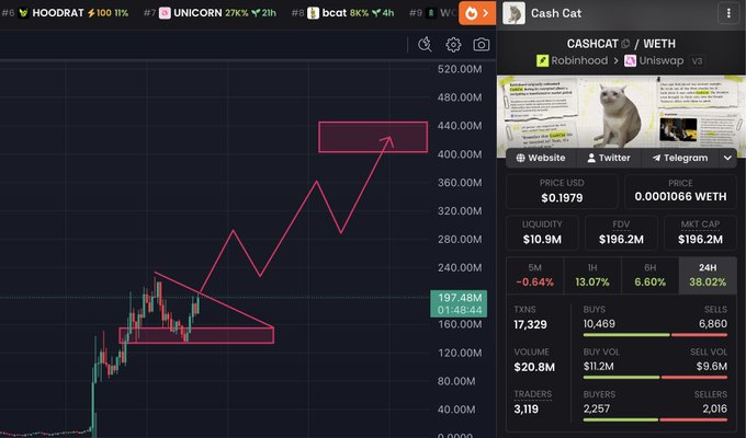 A chart of "Cash Cat" ($CASHCAT/WETH) showing a bullish breakout pattern with technical analysis arrows pointing toward a $440 target, displayed on a trading platform with metrics including $10.9M liquidity, $196.2M market cap, and 13.07% 1-hour gains, promoting user engagement in exchange for SOL wallet addresses.