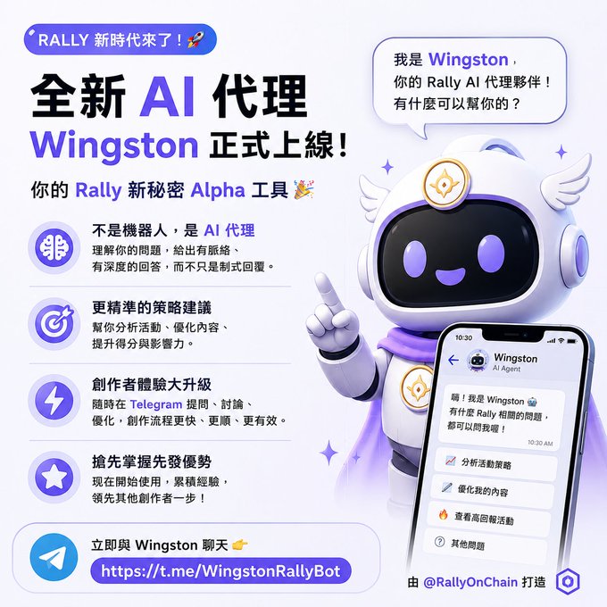 A promotional graphic in Chinese announcing the launch of 'Wingston,' a new AI agent partner for the RALLY platform, featuring a purple-and-white robot mascot, feature highlights, and a Telegram link (https://t.me/WingstonRallyBot), made by @RallyOnChain.