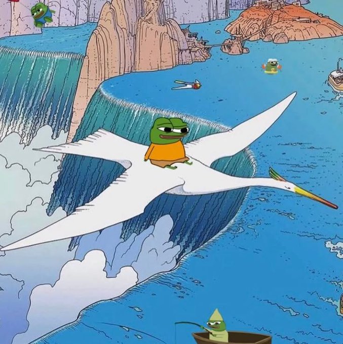 A cartoon illustration showing a frog wearing sunglasses and an orange shirt riding on the back of a white pterodactyl over water and waterfalls.