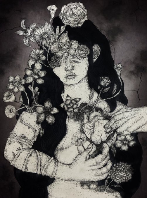 A detailed black-and-white ink illustration of a woman with flowers growing from and around her body, holding her chest.