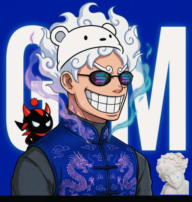An anime-style character with wild white hair, a polar bear hat, gradient sunglasses, and a blue dragon-embroidered jacket, grinning beside a small black cat creature with a crying classical statue nearby.