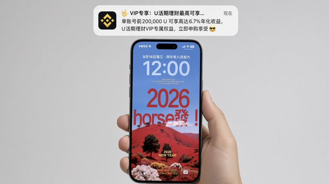 A hand holding a smartphone displaying a lock screen reading '12:00 9月16日' and '2026 horse 發! HAPPY NEW YEAR', with a promotional pop-up in Chinese about a Binance VIP account.