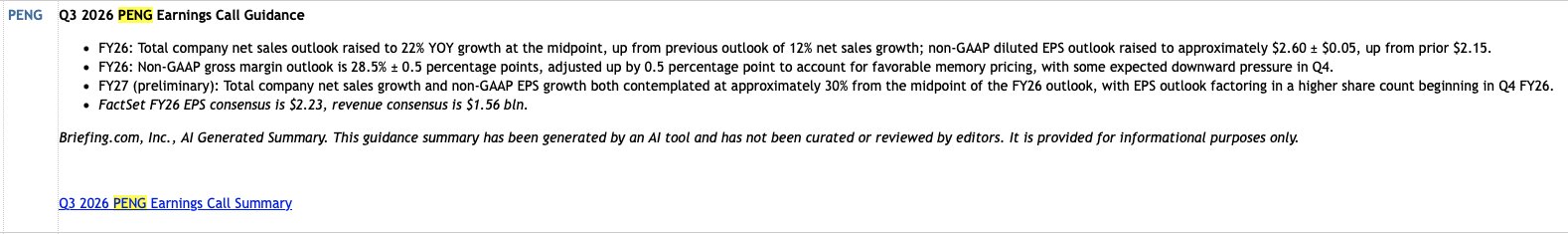 The image displays Q3 2026 PENG earnings call guidance, highlighting raised FY26 outlook figures including 22% YOY net sales growth midpoint and $2.60 ± $0.05 non-GAAP diluted EPS, alongside FactSet consensus expectations of $2.23 EPS and $1.56 bln in revenue. The summary relates to the accompanying $PENG post by outlining key forward-looking financial metrics from the company's earnings call.