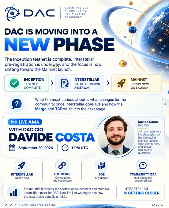 An announcement graphic stating 'DAC IS MOVING INTO A NEW PHASE' with progress indicators for Inception testnet, Interstellar pre-registration, and Mainnet launch, featuring a Live AMA with DAC CIO Davide Costa on September 29, 2026 at 1 PM UTC.