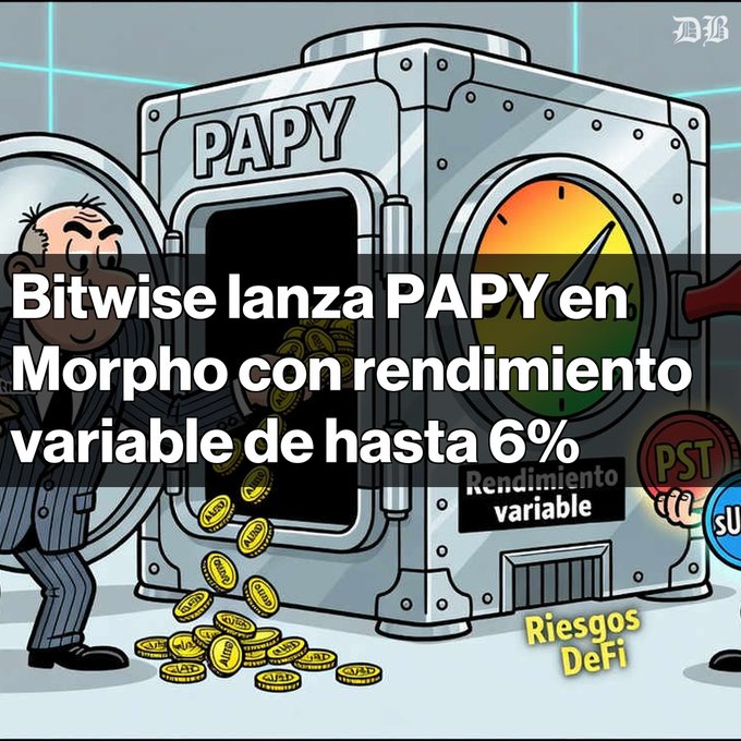 A digital illustration showing a cartoon character standing next to a large safe labeled 'PAPY' spewing gold coins, overlaid with Spanish text reading 'Bitwise lanza PAPY en Morpho con rendimiento variable de hasta 6%', with smaller text indicating 'Rendimiento variable' and 'Riesgos DeFi'.