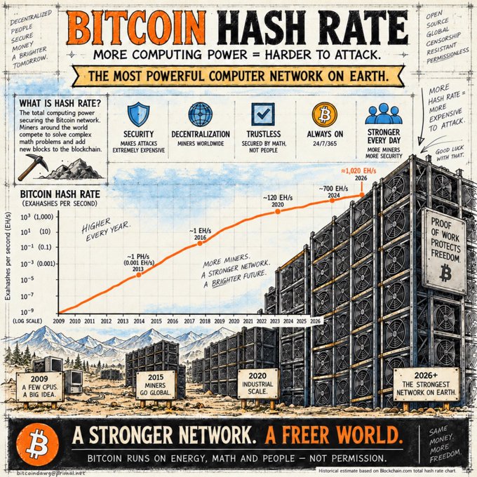 An infographic titled "BITCOIN HASH RATE" with the subtitle 'THE MOST POWERFUL COMPUTER NETWORK ON EARTH,' featuring a logarithmic chart illustrating exponential growth in exahashes per second from 2009 to 2026+.