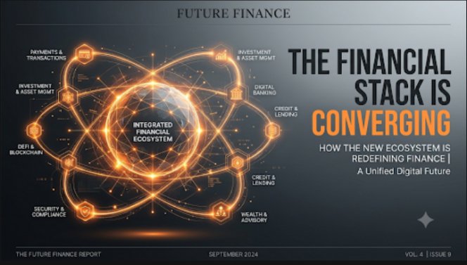 The cover of "Future Finance Report" dated September 2024, featuring an atom-like graphic labeled "Integrated Financial Ecosystem" with the headline "The Financial Stack is Converging: How the New Ecosystem is Redefining Finance | A Unified Digital Future".