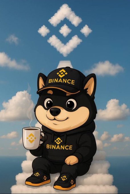 The image features a cartoon dog wearing a black hoodie with "Binance" written on it, sitting on top of a cloud. The dog holds a cup of coffee and has a smile on its face. The background shows a blue sky filled with clouds, creating an atmosphere of relaxation and leisure. The post that accompanies the image reads: "Welcome to a new era. Where the brands you love finally meet the loyalty that never breaks. In this dawn of direct stocks and boundless opportunity, one legend moves in silence - the Black Shib. Cloaked in midnight fur, carrying the weight of millions of hearts".