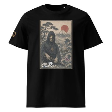 A black t-shirt featuring an illustration of a hooded figure holding a skull, set against a landscape with a red sun and Japanese-style characters.